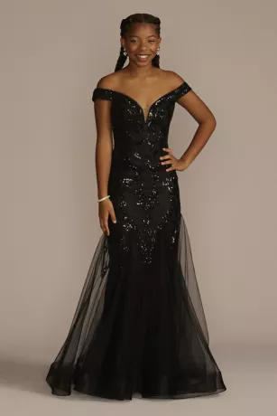 Off-the-Shoulder Sequin Tulle Mermaid Dress 1 Off-the-Shoulder Sequin Tulle Mermaid Dress