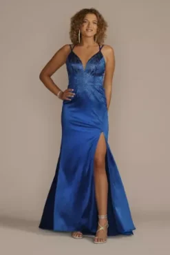 Plunging Pattern Embellished Satin Sheath