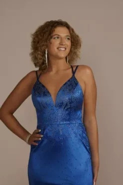 Plunging Pattern Embellished Satin Sheath -Floral Applique Dresses Shop WBM3575 HORIZON PRM PROD10 050