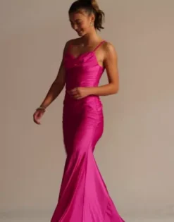 Cowl Neck Stretch Satin Mermaid Trumpet Dress -Floral Applique Dresses Shop WBM3576 HotPink 2