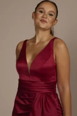 Plunging Satin Tank Sheath Dress With Slit -Floral Applique Dresses Shop WBM3674 LIPSTICK PRTY PROD10 896