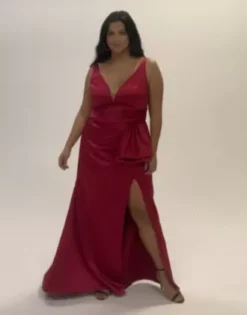 Plunging Satin Tank Sheath Dress With Slit -Floral Applique Dresses Shop WBM3674 PDP