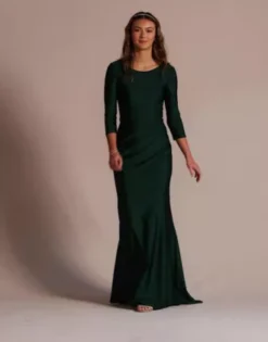 Long Stretch Satin Three-Quarter Sleeve Sheath -Floral Applique Dresses Shop WBM3734 Juniper PRTY