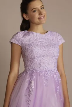 Cap Sleeve Embroidered Lace Tulle Ball Gown -Floral Applique Dresses Shop WBM3735 LILAC PRM PROD10 053 V2