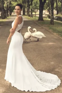 Sheer Back Crepe Wedding Dress With Lace Train -Floral Applique Dresses Shop WG3989 1 PDP Crop 1920x2880