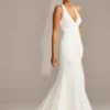 Sheer Back Crepe Wedding Dress With Lace Train