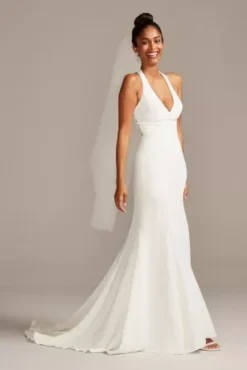 Sheer Back Crepe Wedding Dress With Lace Train