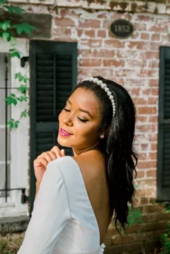 Low Back Mid-Sleeve Crepe And Satin Wedding Dress -Floral Applique Dresses Shop WG4005 2 PDP Crop JUN23 1920x2880