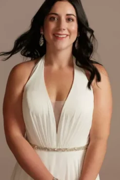 Chiffon Halter Plunge Beaded Waist Wedding Dress -Floral Applique Dresses Shop WG4014 SOFTWHITE DBSTU PROD12 V2 189