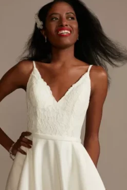 Scalloped Lace Satin Wedding Dress -Floral Applique Dresses Shop WG4034 IVORY DBSTU PROD3 336