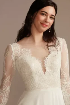 Long Sleeve Plunge Lace Chiffon Wedding Dress -Floral Applique Dresses Shop WG4035 SFTWHTSTONE DBSTU PROD3 287