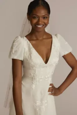 Floral Applique Puff Sleeve V-Neck Wedding Gown -Floral Applique Dresses Shop WG4052 SFTWHTOYSTER DBSTU PROD1 070