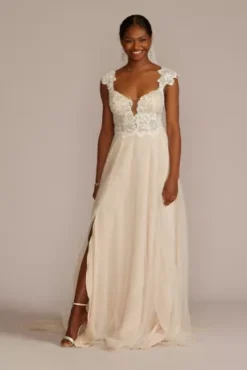 Floral Applique Cap Sleeve Wedding Gown