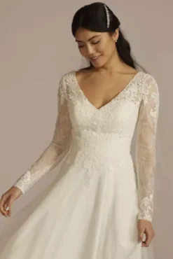 Long Sleeve Lace Bodice Tulle A-Line Wedding Dress 5 Long Sleeve Lace Bodice Tulle A-Line Wedding Dress -Floral Applique Dresses Shop WG4088 SIVORY DBSTU PROD12 1355