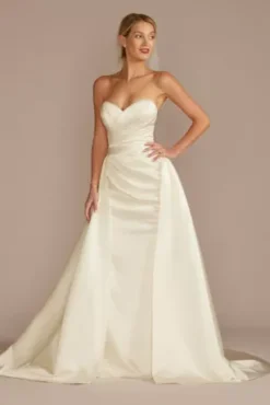 Satin Ruched Bodice Wedding Dress With Overskirt