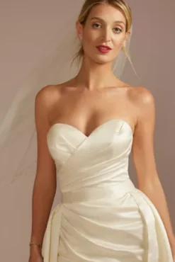 Satin Ruched Bodice Wedding Dress With Overskirt -Floral Applique Dresses Shop WG4107 IVORY DBSTU PROD4 045