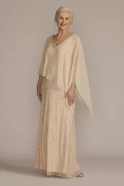 Beaded V-Neck Sheath Gown With Chiffon Capelet