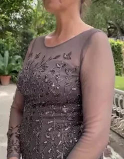 Long Sleeve Beaded Illusion Godet Hem Dress -Floral Applique Dresses Shop WGIN5188D PDP