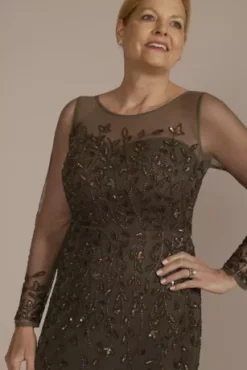 Long Sleeve Beaded Illusion Godet Hem Dress -Floral Applique Dresses Shop WGIN5188D TAUPE MOB PROD6 099