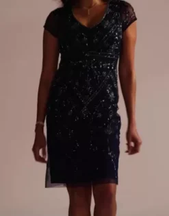 Allover Beaded Cap Sleeve Sheath Dress 7 Allover Beaded Cap Sleeve Sheath Dress -Floral Applique Dresses Shop WGIN5281 NAVY