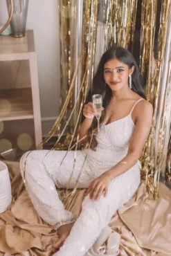 Sequin Spaghetti Strap Blouson Jumpsuit -Floral Applique Dresses Shop WGIN879 3 PDP Crop JUN23 1920x2880