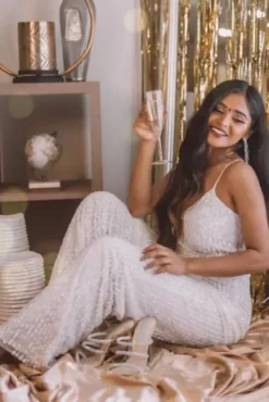 Sequin Spaghetti Strap Blouson Jumpsuit -Floral Applique Dresses Shop WGIN879 4 PDP Crop JUN23 1920x2880