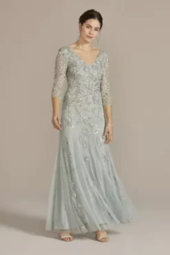 Three Quarter Sleeve Beaded V-Neck Sheath