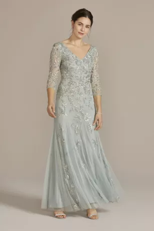 Three Quarter Sleeve Beaded V-Neck Sheath 1 Three Quarter Sleeve Beaded V-Neck Sheath