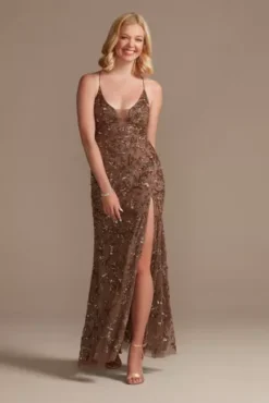 Beaded Sheath Gown With Illusion Cutout